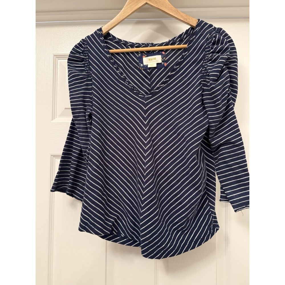 Maeve Anthropologie Top Women Small Navy White Striped Puff Sleeve V-Neck Ruffle